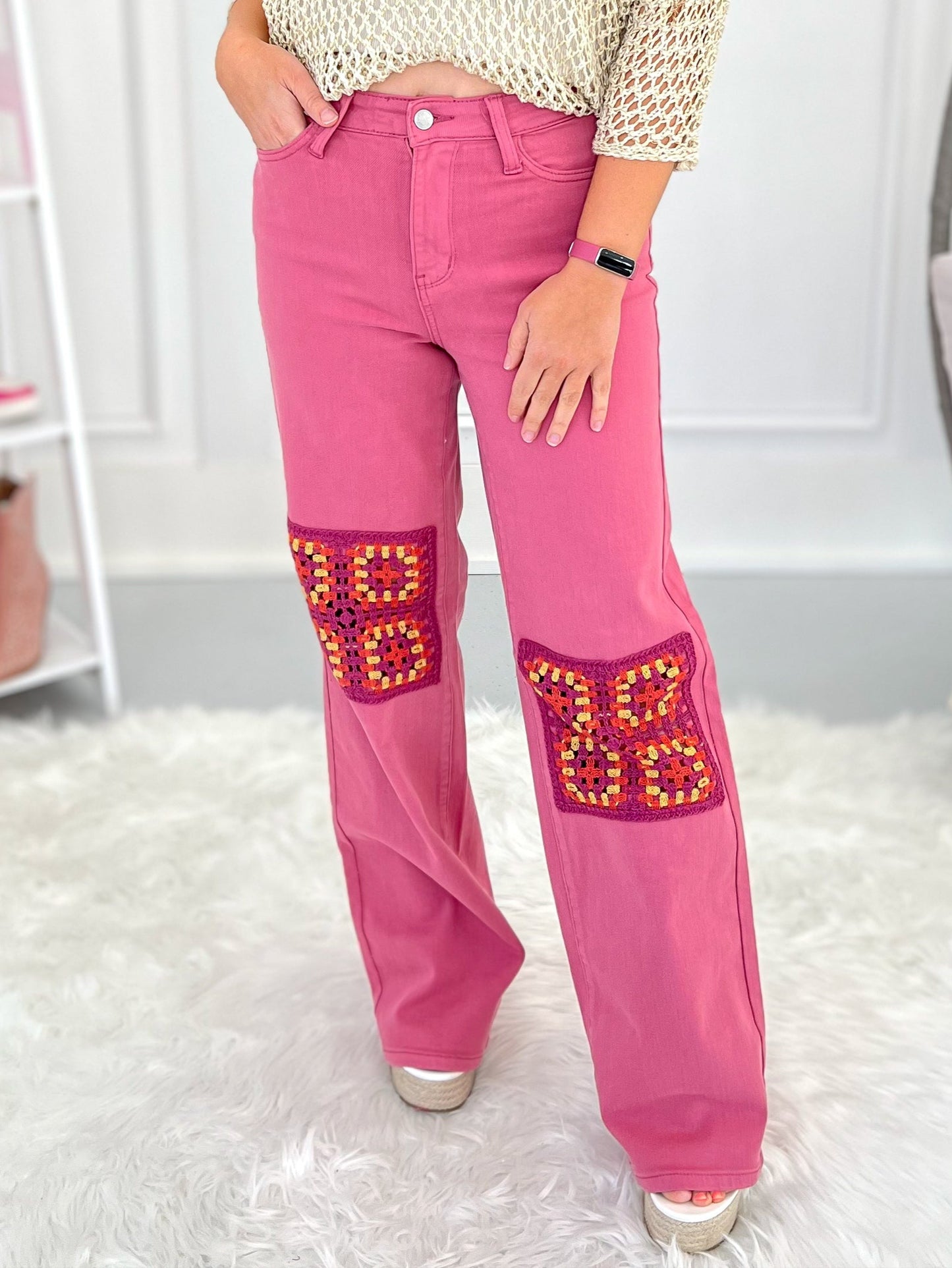 Judy Blue - Dusty Pink Dyed Crochet Patched Wide Jeans - Final Sale