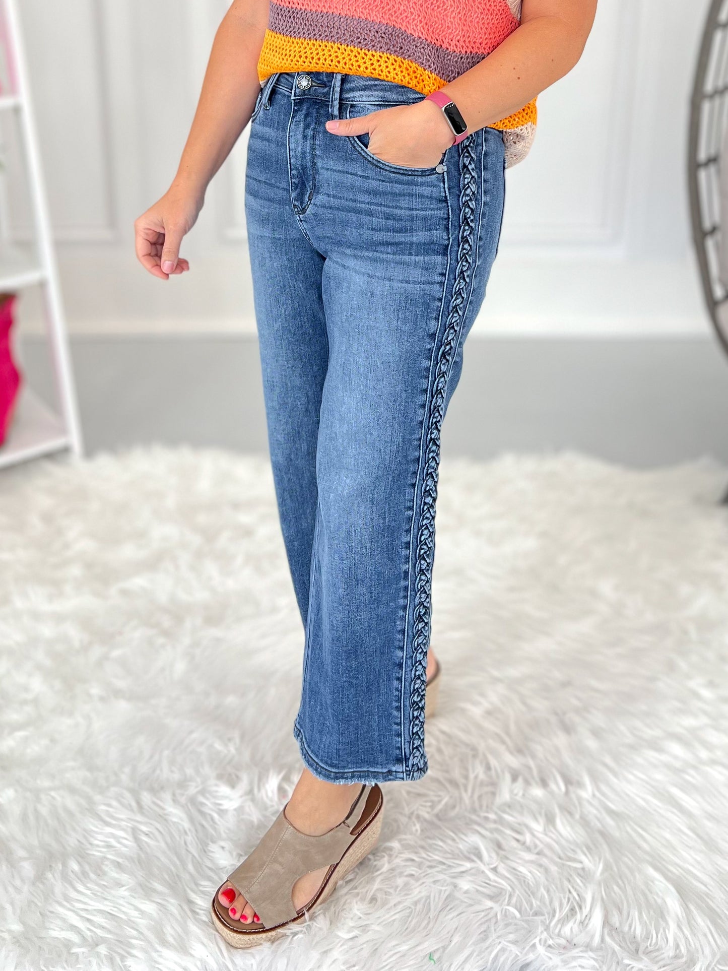 Boho Blues - Judy Blue Braided Sideseam Cropped Wide Leg Jeans - Final Sale