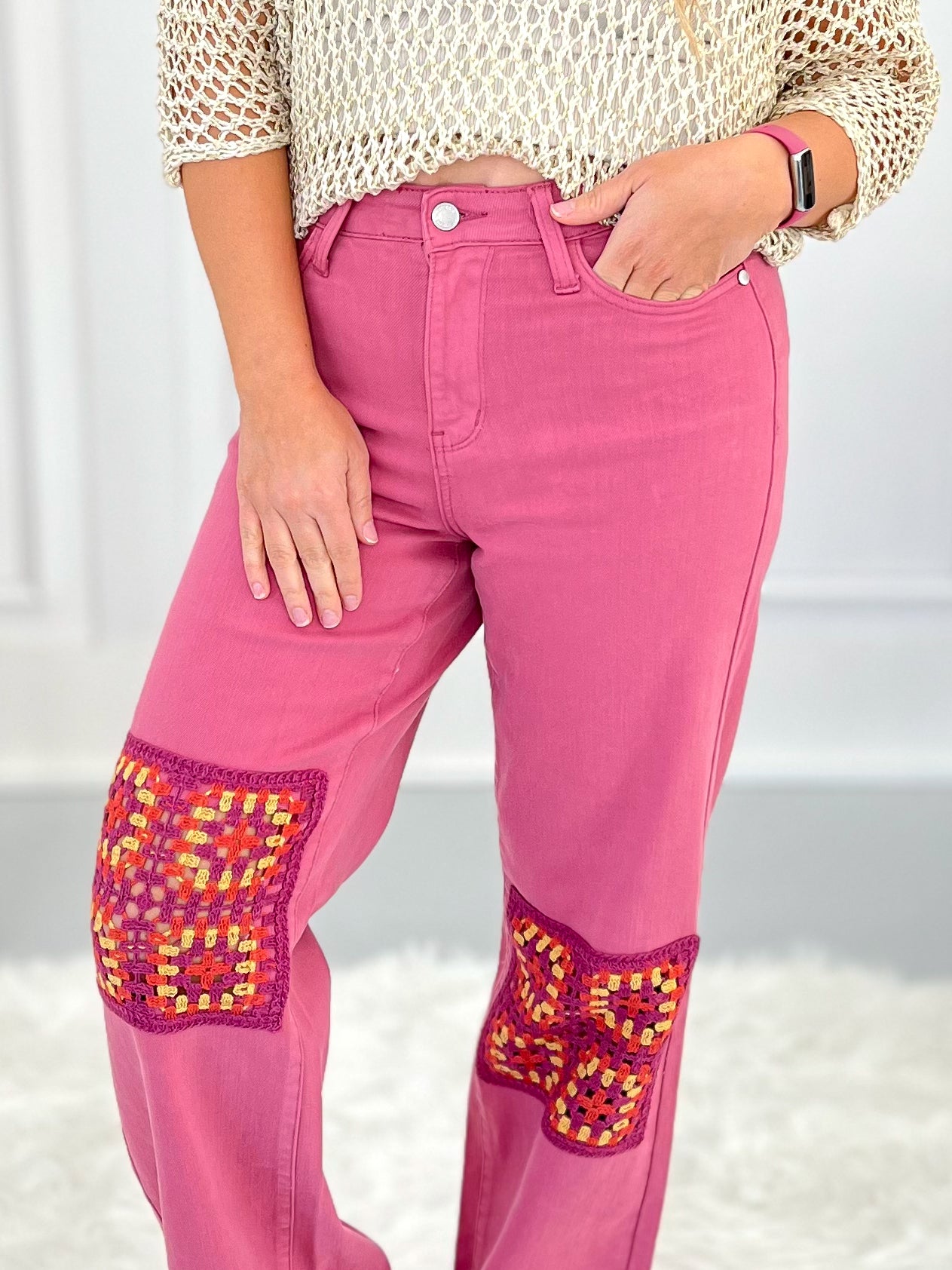 Judy Blue - Dusty Pink Dyed Crochet Patched Wide Jeans - Final Sale
