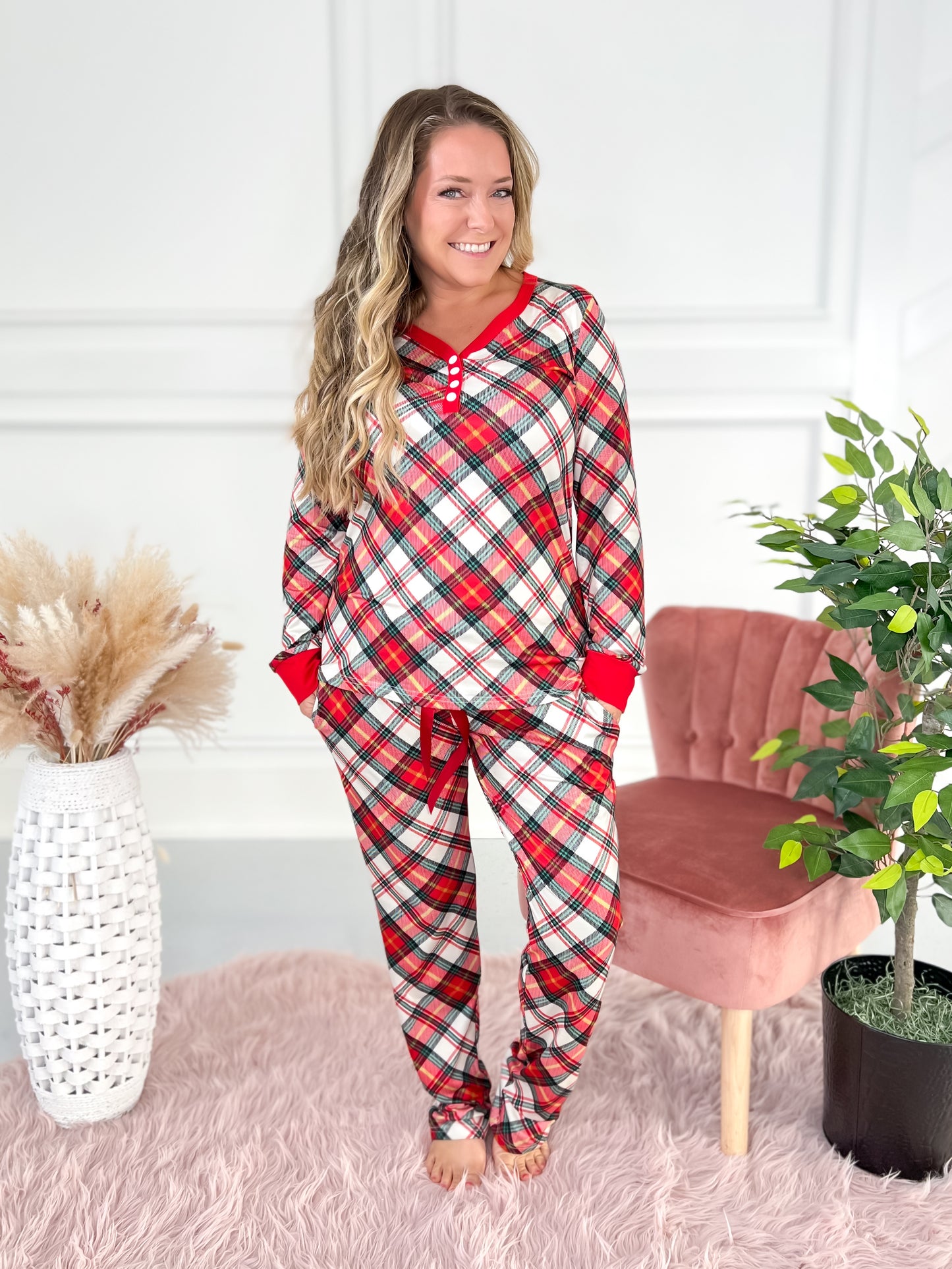Holiday Pajama Pant Set - Red White Plaid