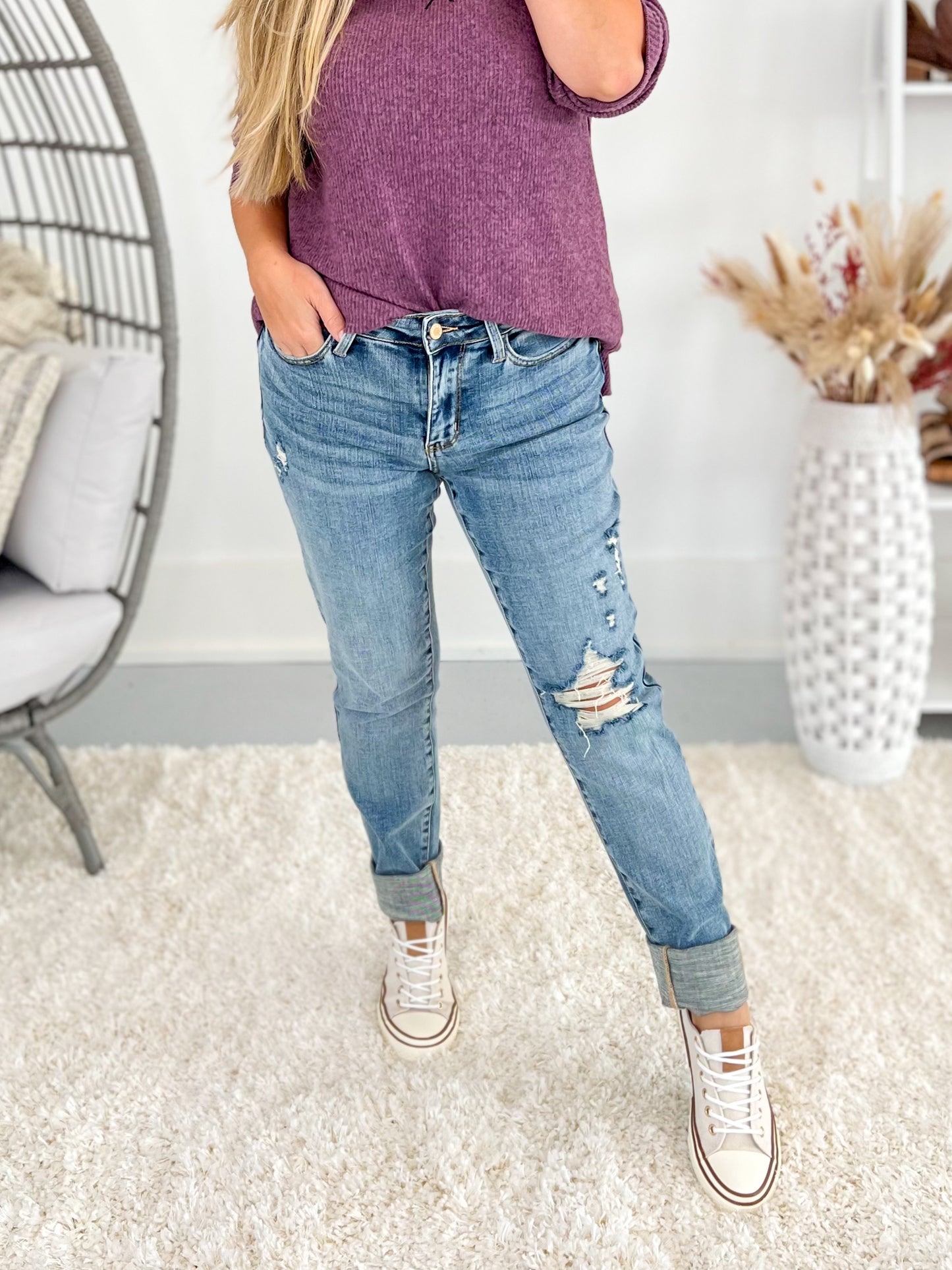 Full Extension - Judy Blue Destroyed Double Cuffed Long Boyfriend Jean