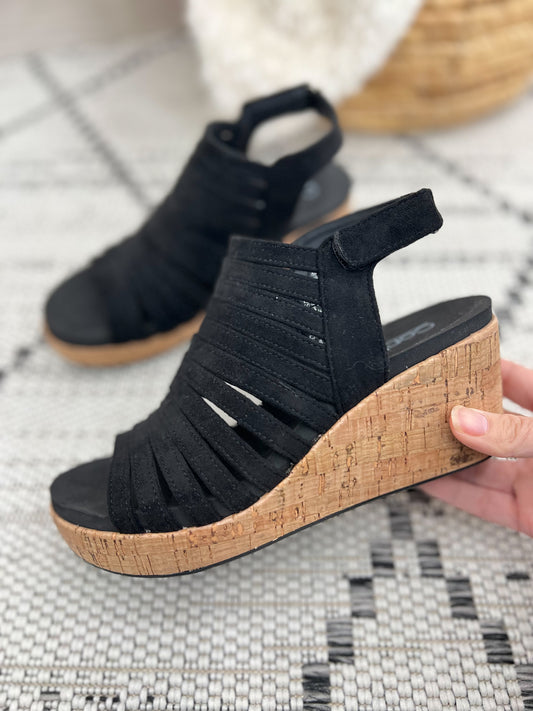 Corky's Oopsie Daisey Wedge - Black Faux Suede - Final Sale