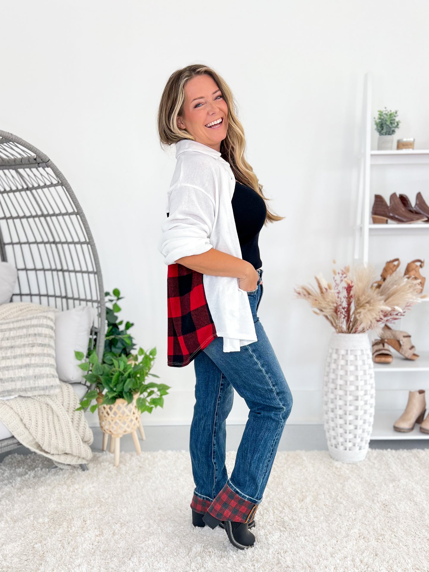Sweater Weather - Judy Blue Plaid Cuff Straight Jeans