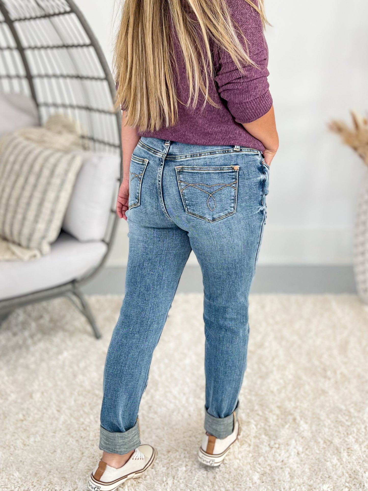 Full Extension - Judy Blue Destroyed Double Cuffed Long Boyfriend Jean