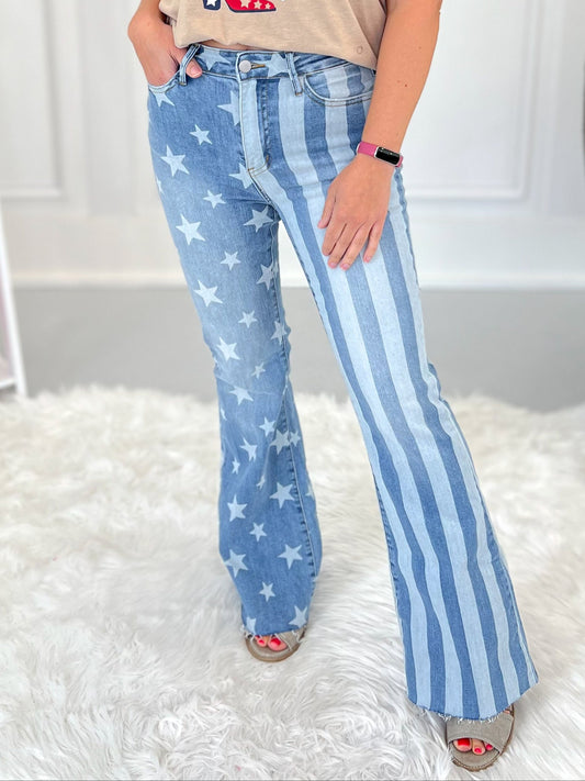 The Stars And Stripes - Judy Blue Bleached Flare Jeans - Final Sale