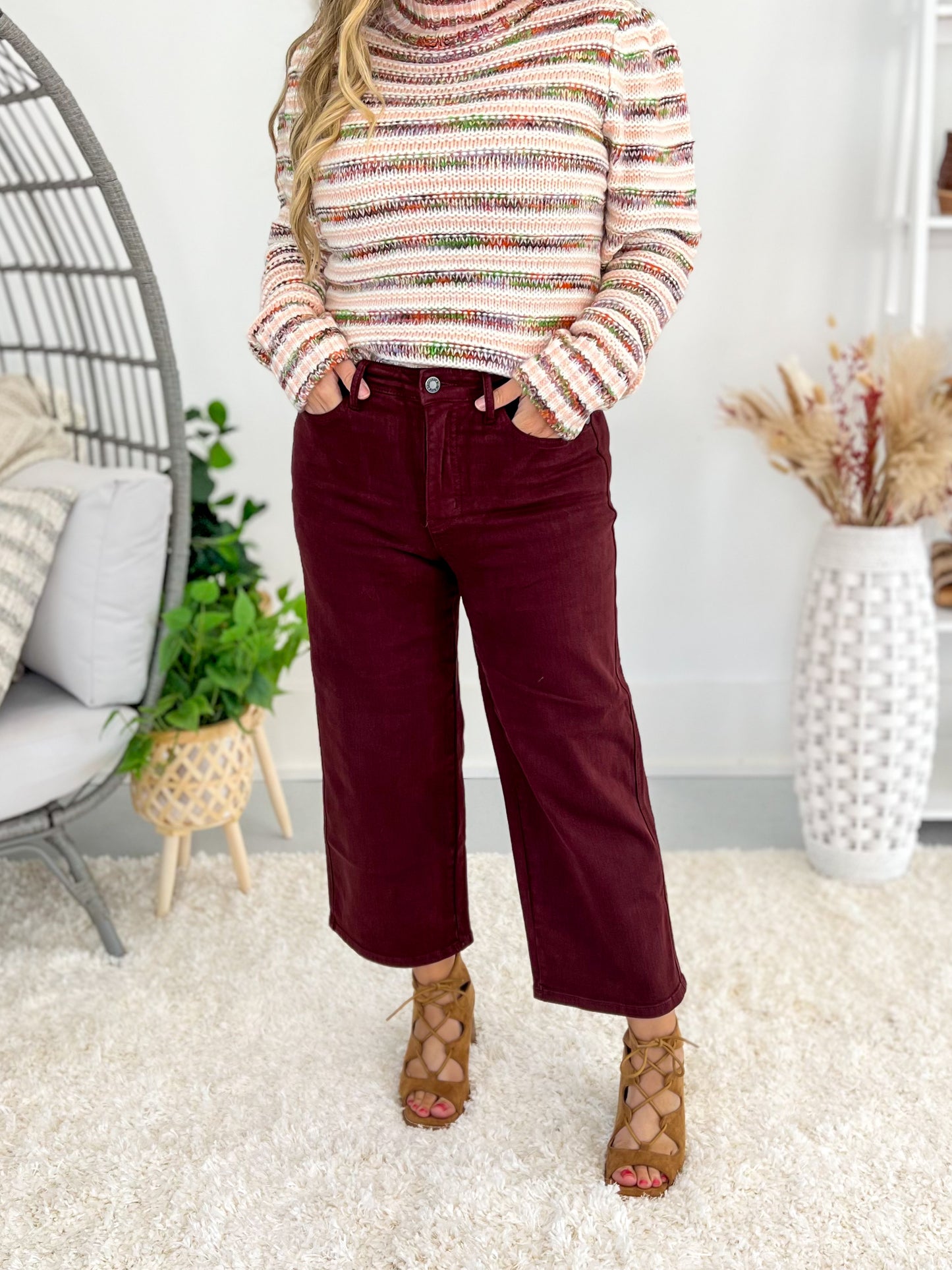 Wine Down - Judy Blue Tummy Control Dyed Wide Crop Jeans
