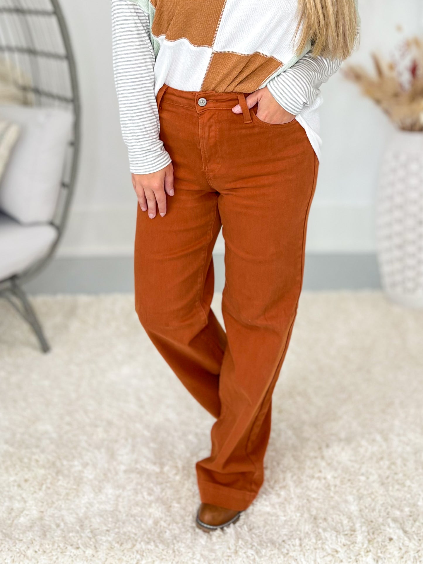 Judy Blue - Auburn Orange Garment Dyed Wide Leg Jeans