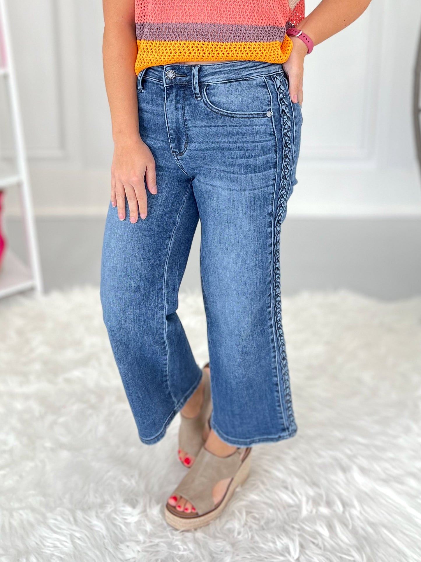 Boho Blues - Judy Blue Braided Sideseam Cropped Wide Leg Jeans - Final Sale