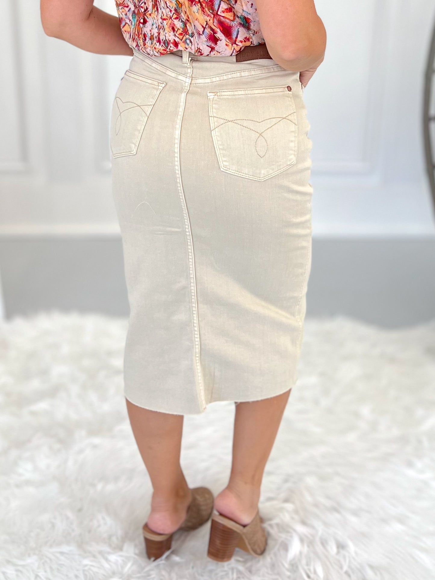 Judy Blue - Beige Dyed Criss Cross Waistband Front Slit Skirt - Final Sale