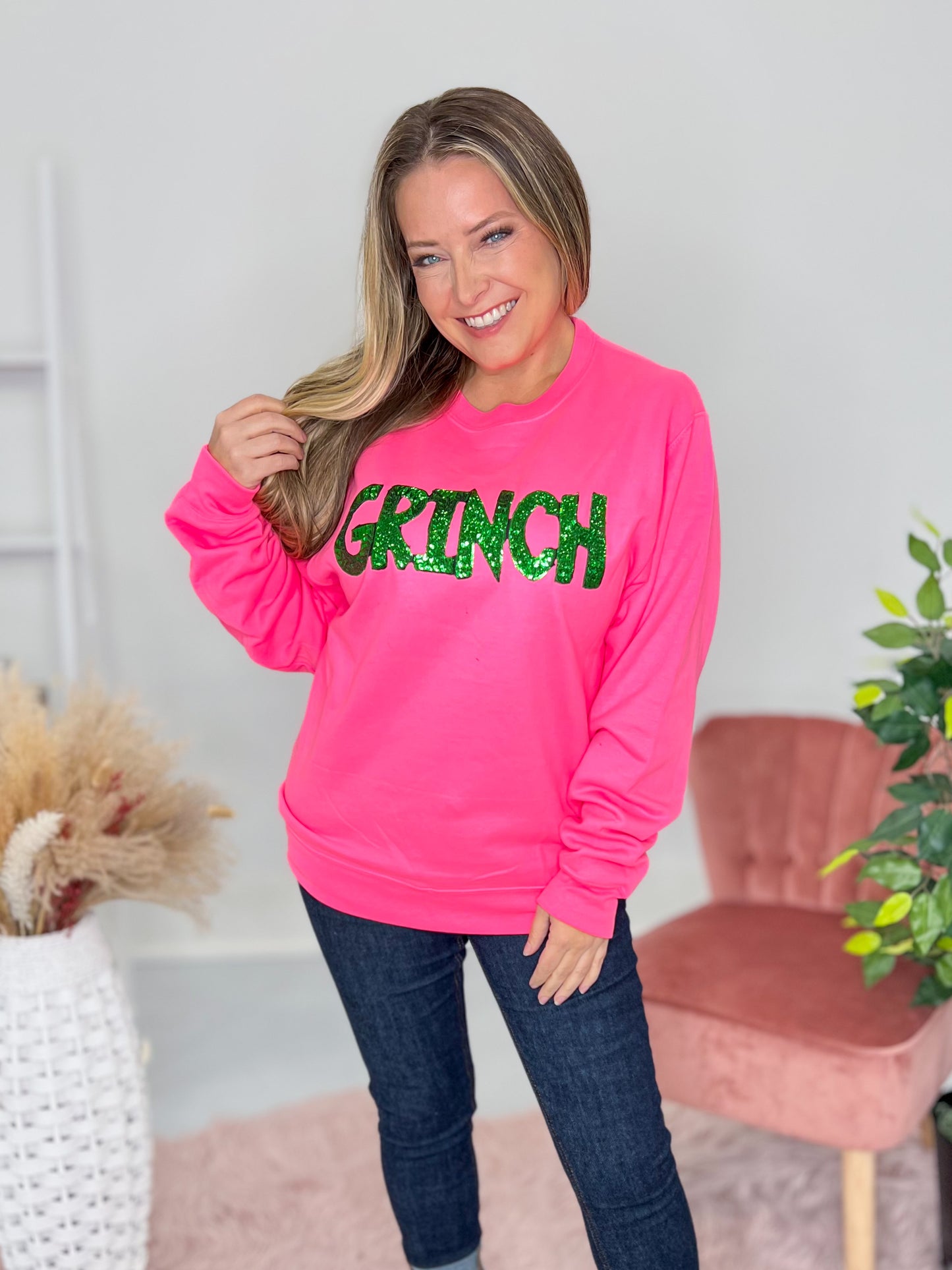 Sequin Holiday Neon Pink Crewneck
