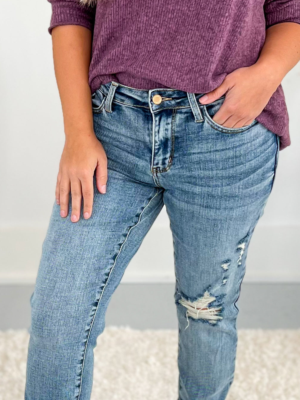Full Extension - Judy Blue Destroyed Double Cuffed Long Boyfriend Jean