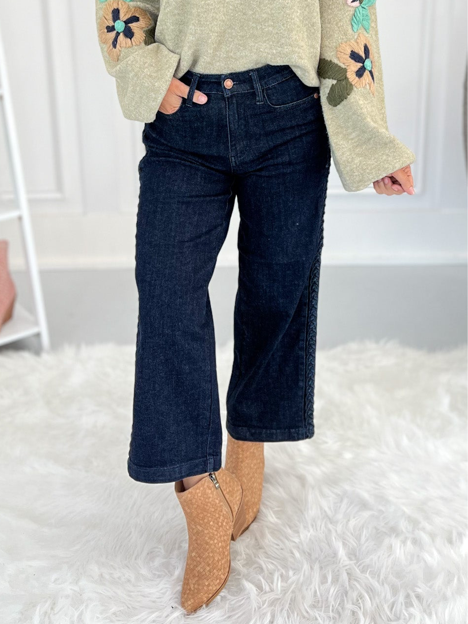 Short And Sweet - Judy Blue Braided Side Seam Cropped Wide Jeans