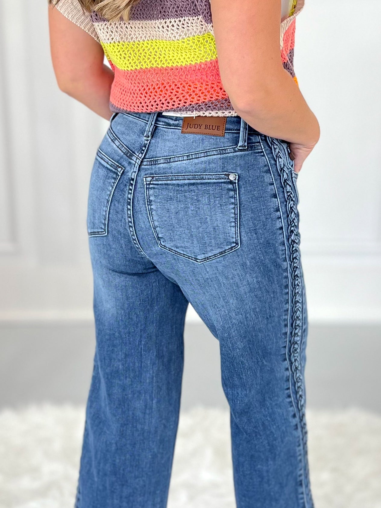 Boho Blues - Judy Blue Braided Sideseam Cropped Wide Leg Jeans - Final Sale