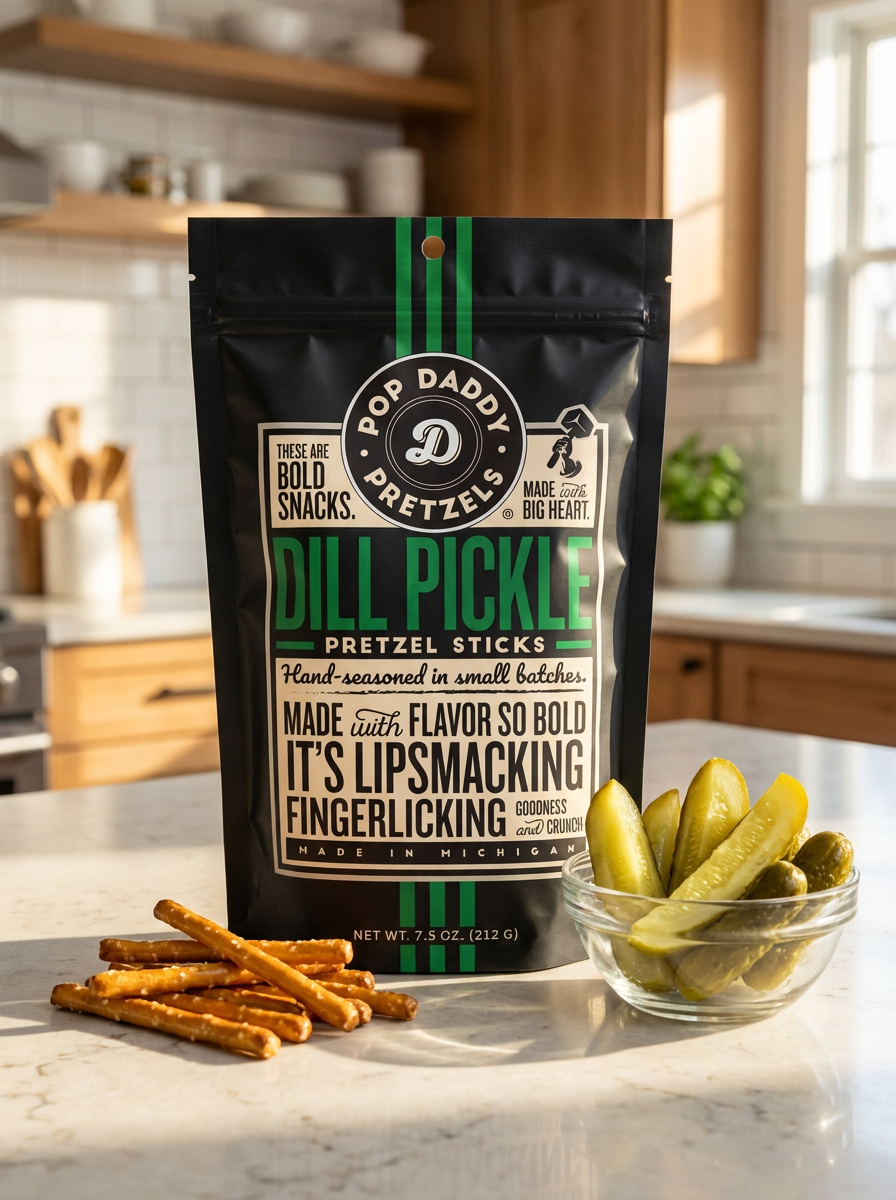 Pop Daddy Pretzels Dill Pickle pretzel sticks packaging on a kitchen counter with pretzel sticks and pickles.