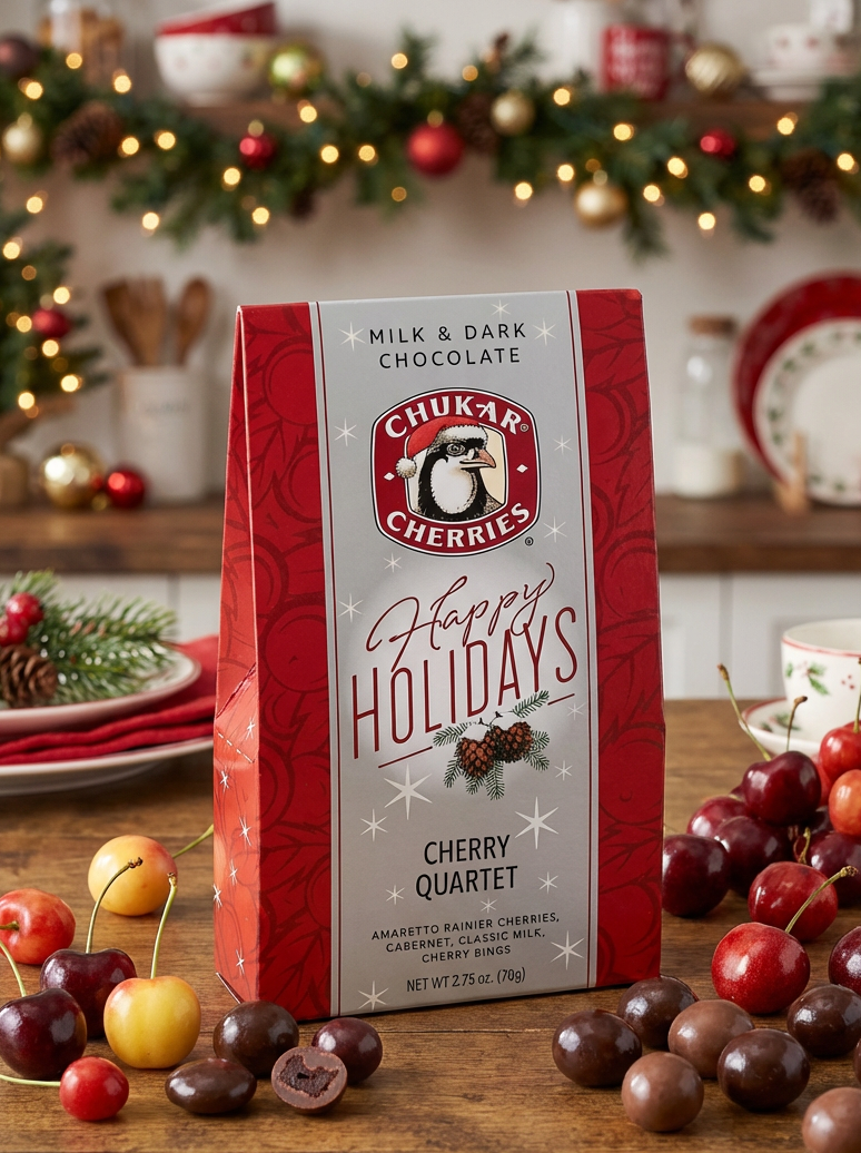 Chukar Cherries Happy Holidays packaging with cherries on a festive background