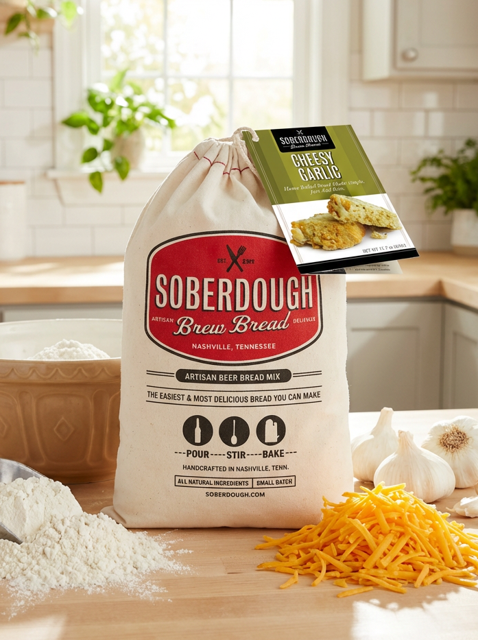 Soberdough brew bread mix on a kitchen counter with flour and cheese