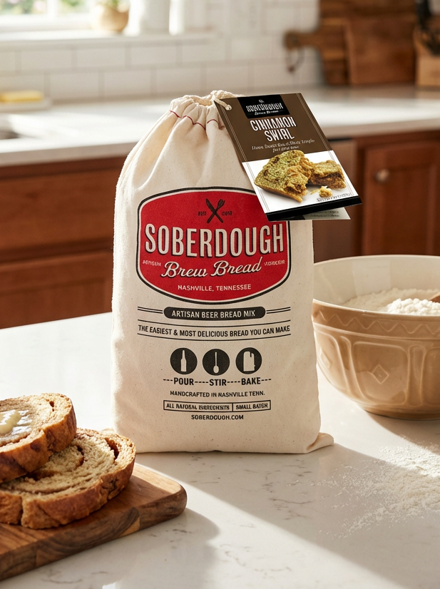 Bag of Soberdough bread mix on a kitchen counter with sliced bread and a bowl.