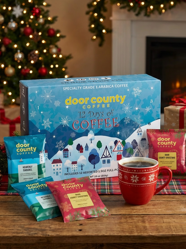 Door County Coffee 12 Days of Coffee set with a mug on a festive background