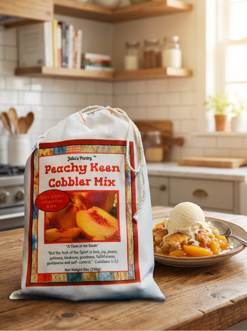 Peachy Keen Cobbler Mix bag on a kitchen counter with a bowl of cobbler and ice cream.
