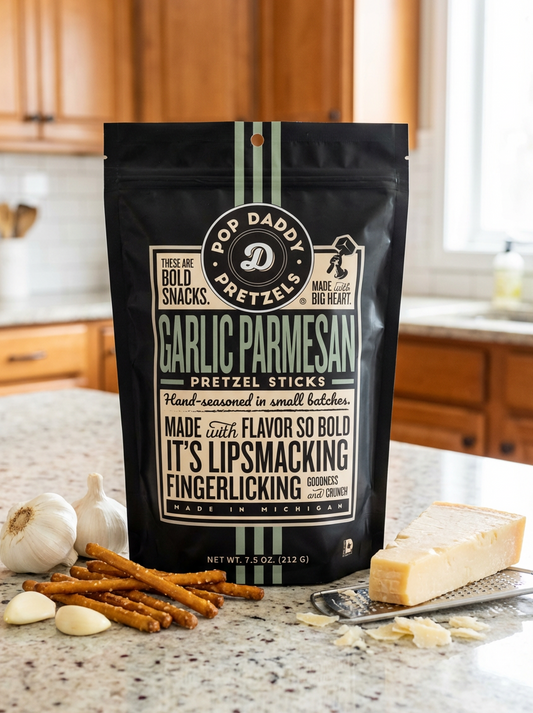 Garlic Parmesan pretzel sticks packaging on a kitchen counter with pretzels and garlic.