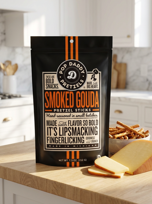 Bag of Pop Daddy Pretzel Smoked Gouda pretzel sticks on a kitchen counter with cheese and pretzels.