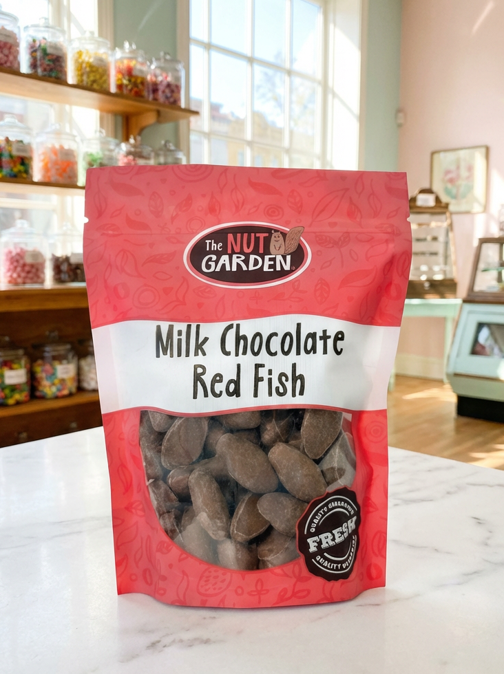 Bag of milk chocoloate candy on a counter in an old fashioned candy store.