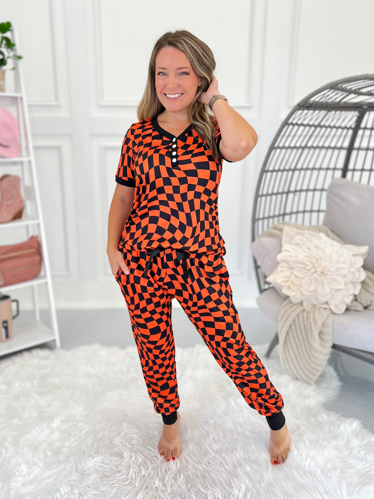 Crazy Soft Pajama Jogger Set - Orange Checker