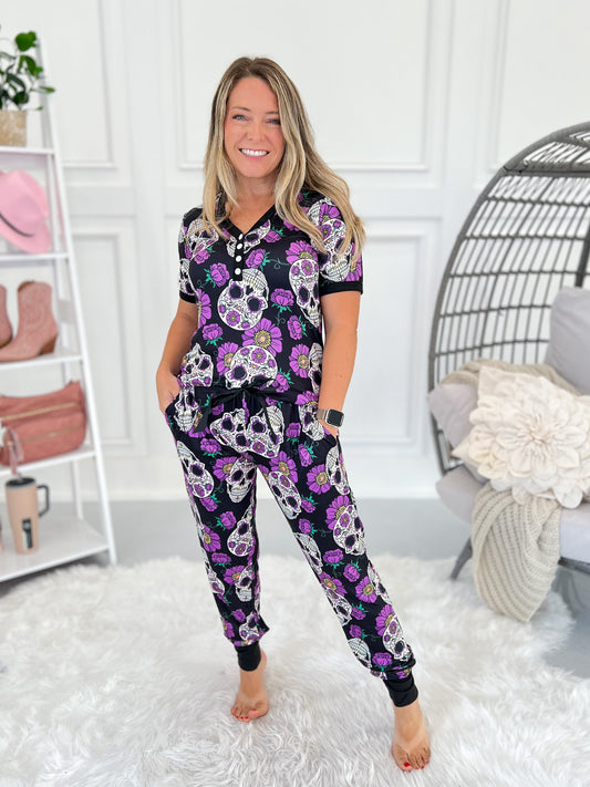 Spooky Pajama Jogger Set - Floral Skulls - Final Sale