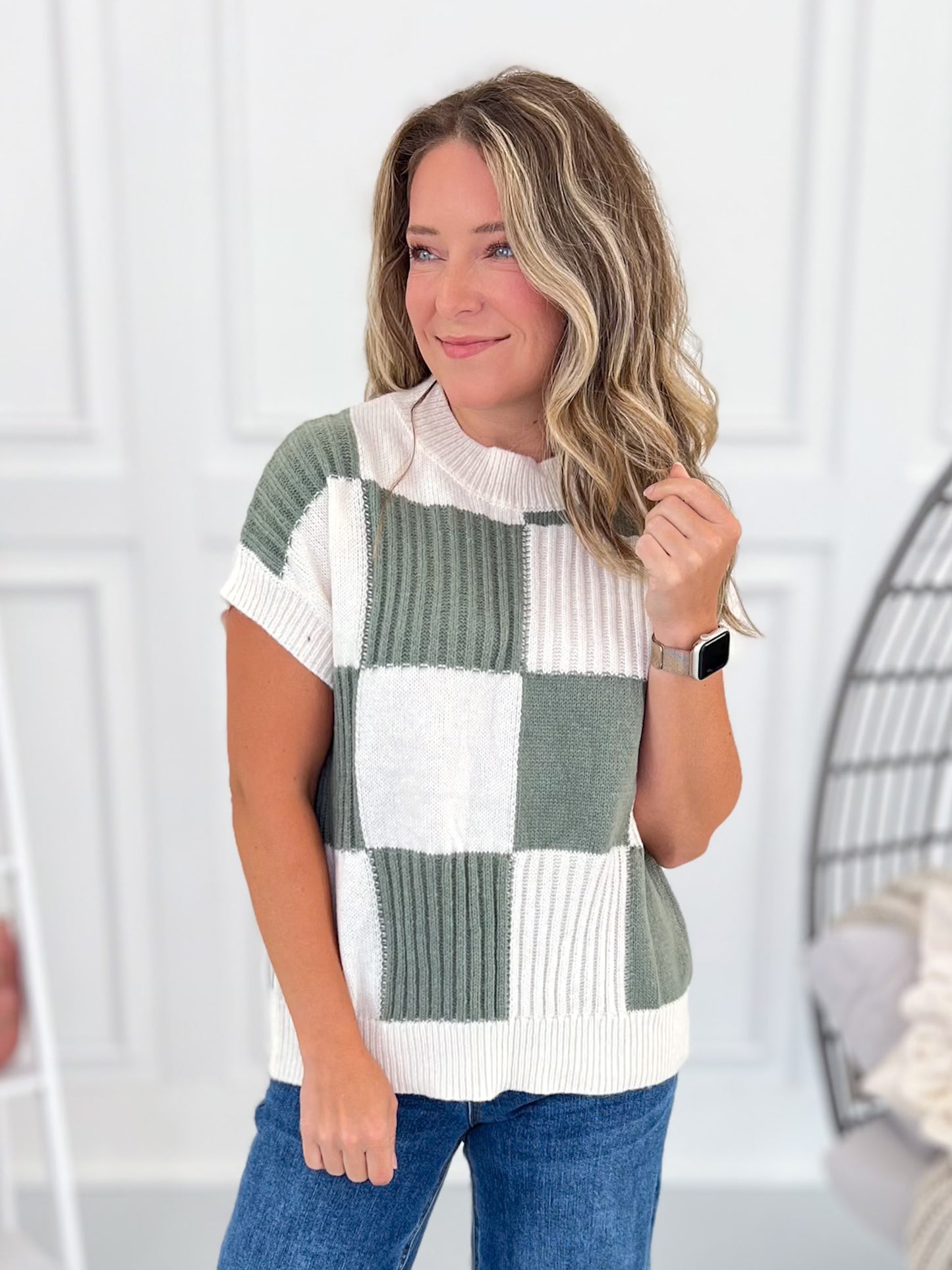 Checking In Knit Top - Sage