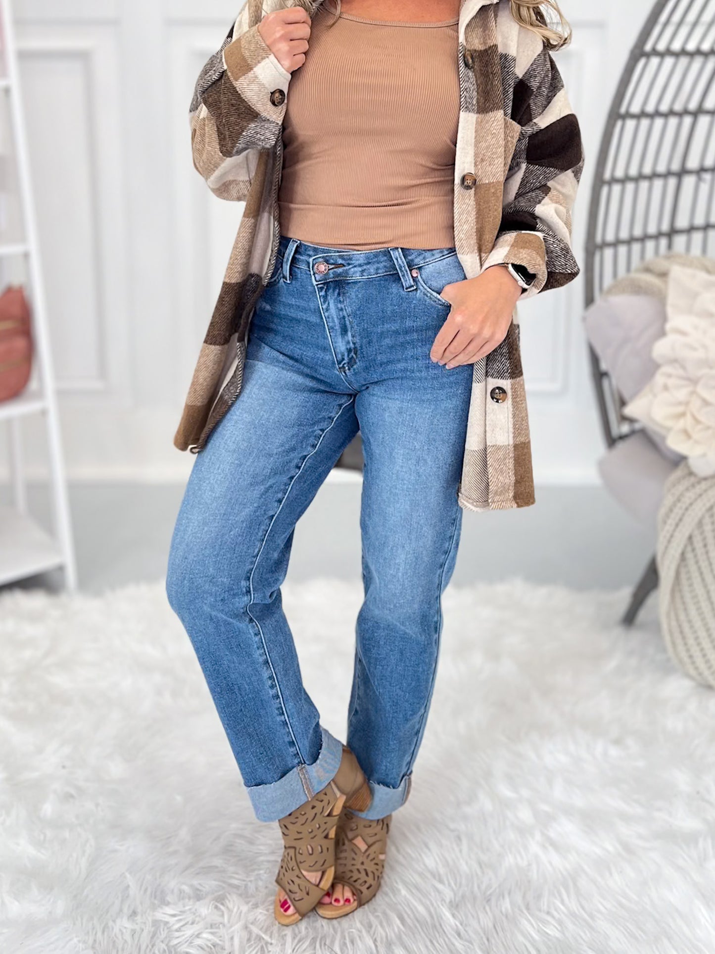 Crash Course - Judy Blue Criss Cross Waist Cuffed Boyfriend Jean