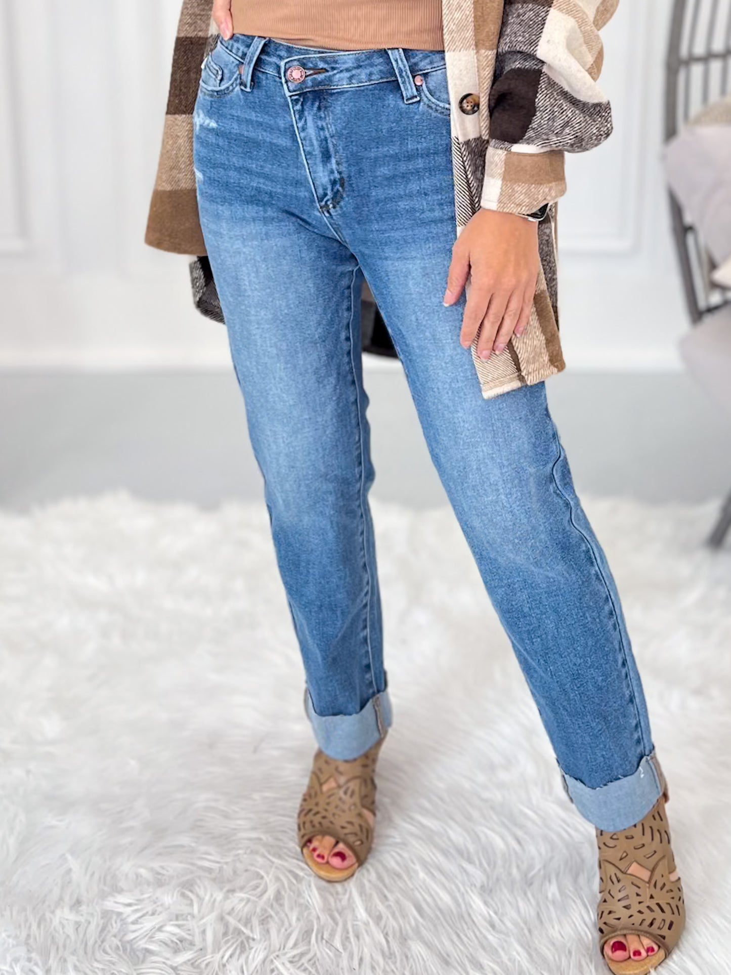 Crash Course - Judy Blue Criss Cross Waist Cuffed Boyfriend Jean