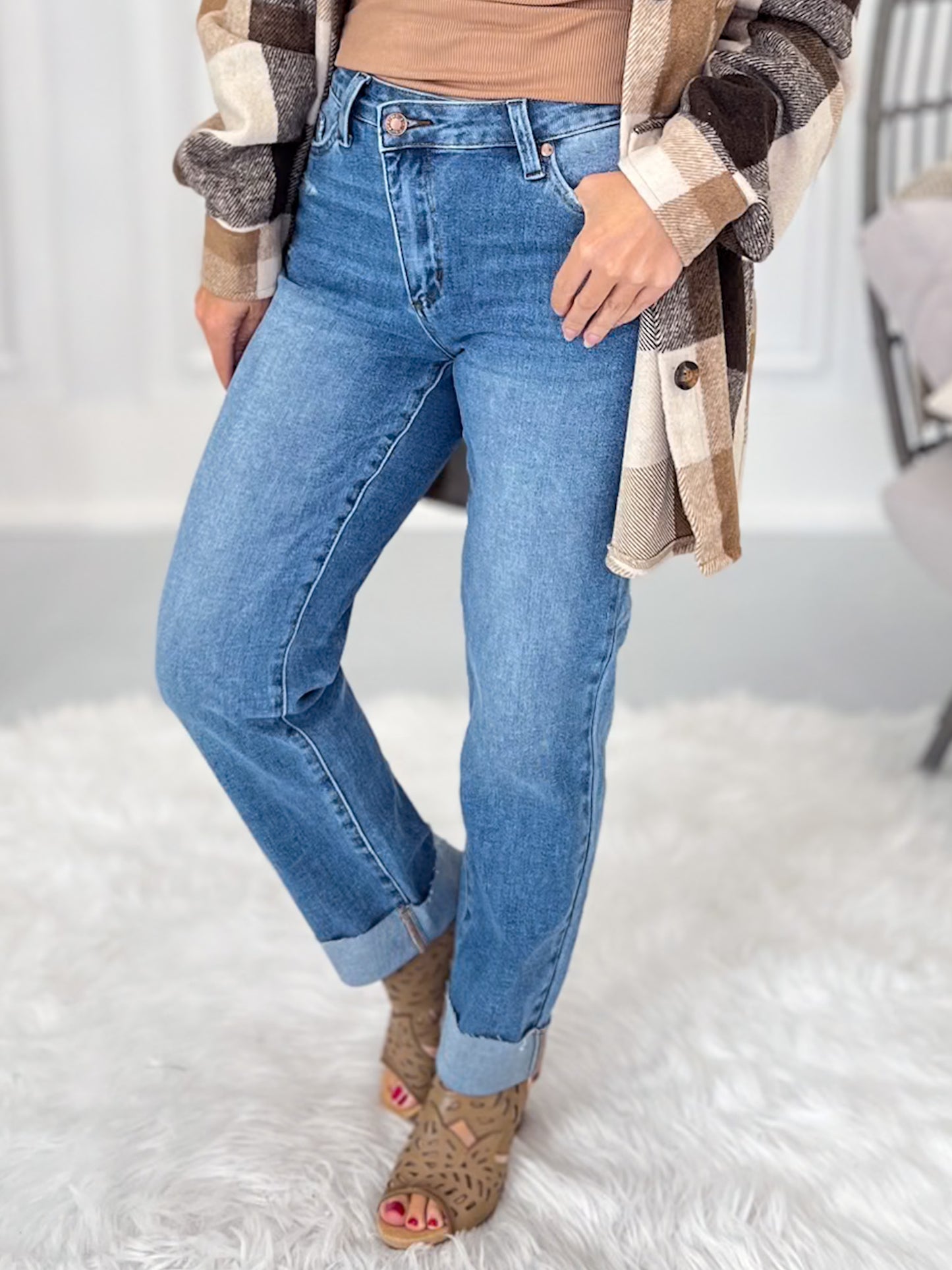 Crash Course - Judy Blue Criss Cross Waist Cuffed Boyfriend Jean