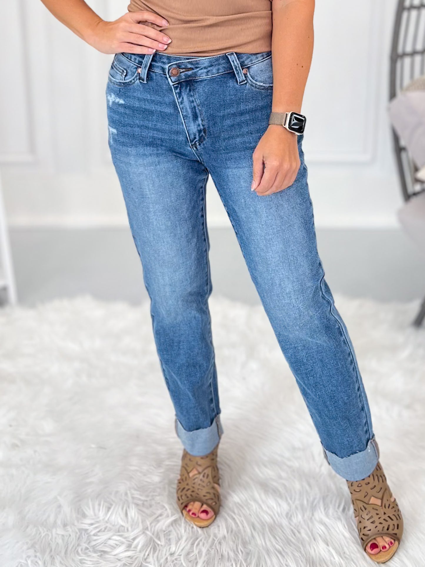 Crash Course - Judy Blue Criss Cross Waist Cuffed Boyfriend Jean