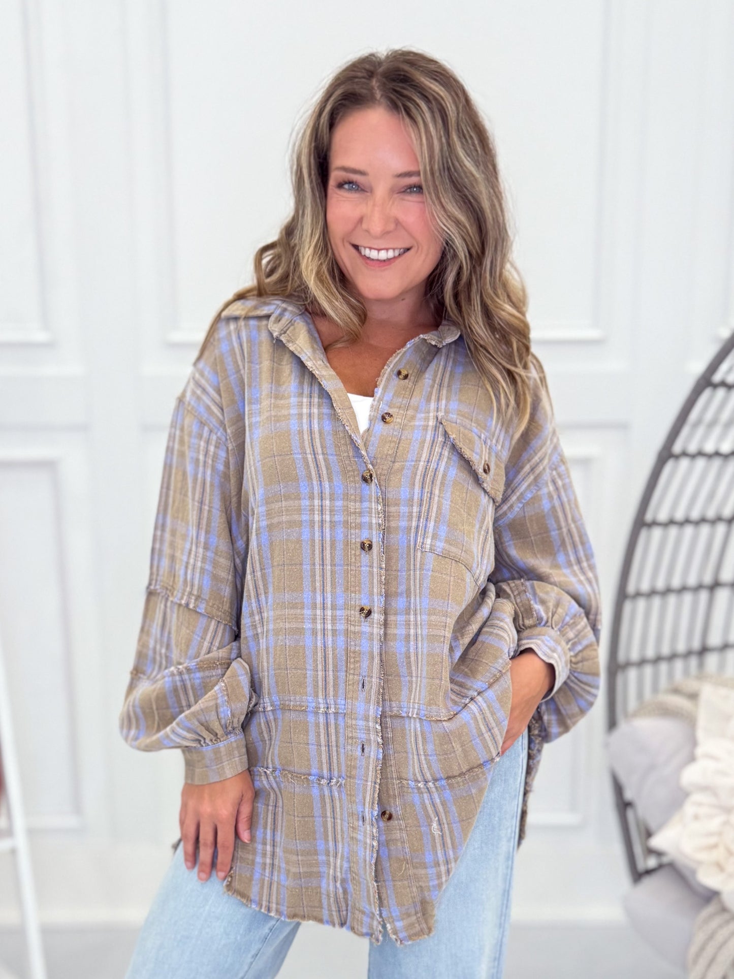 Dreaming On Button Up Top - Sage