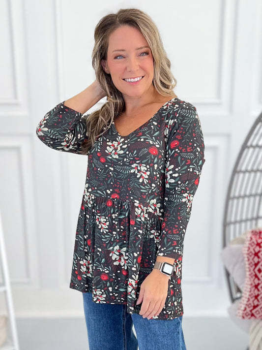 Sarah Ruffle 3/4 Sleeve - Evergreen Christmas