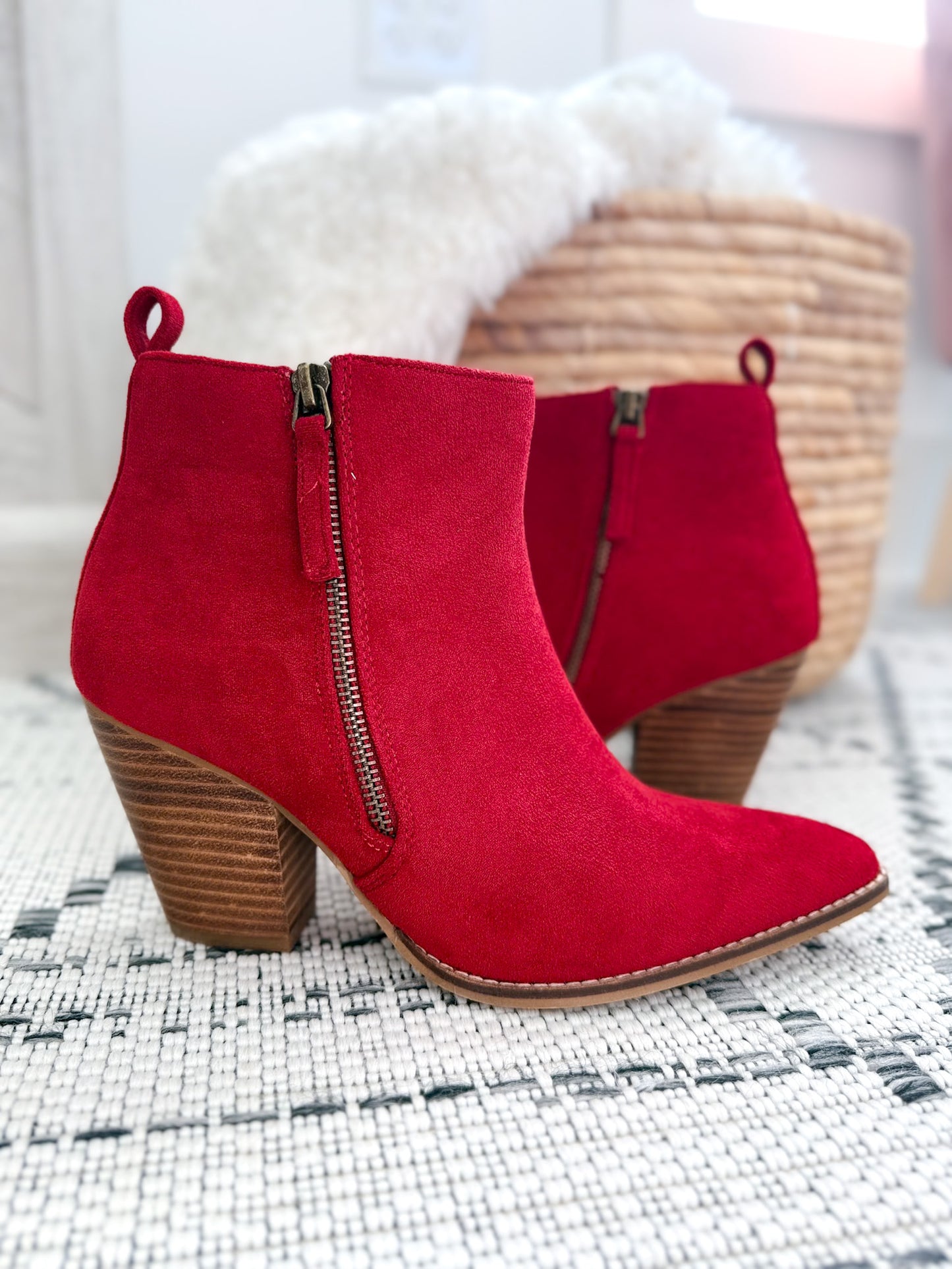 Corky's High Standard Block Heel Ankle Boot - Dark Red Faux Suede
