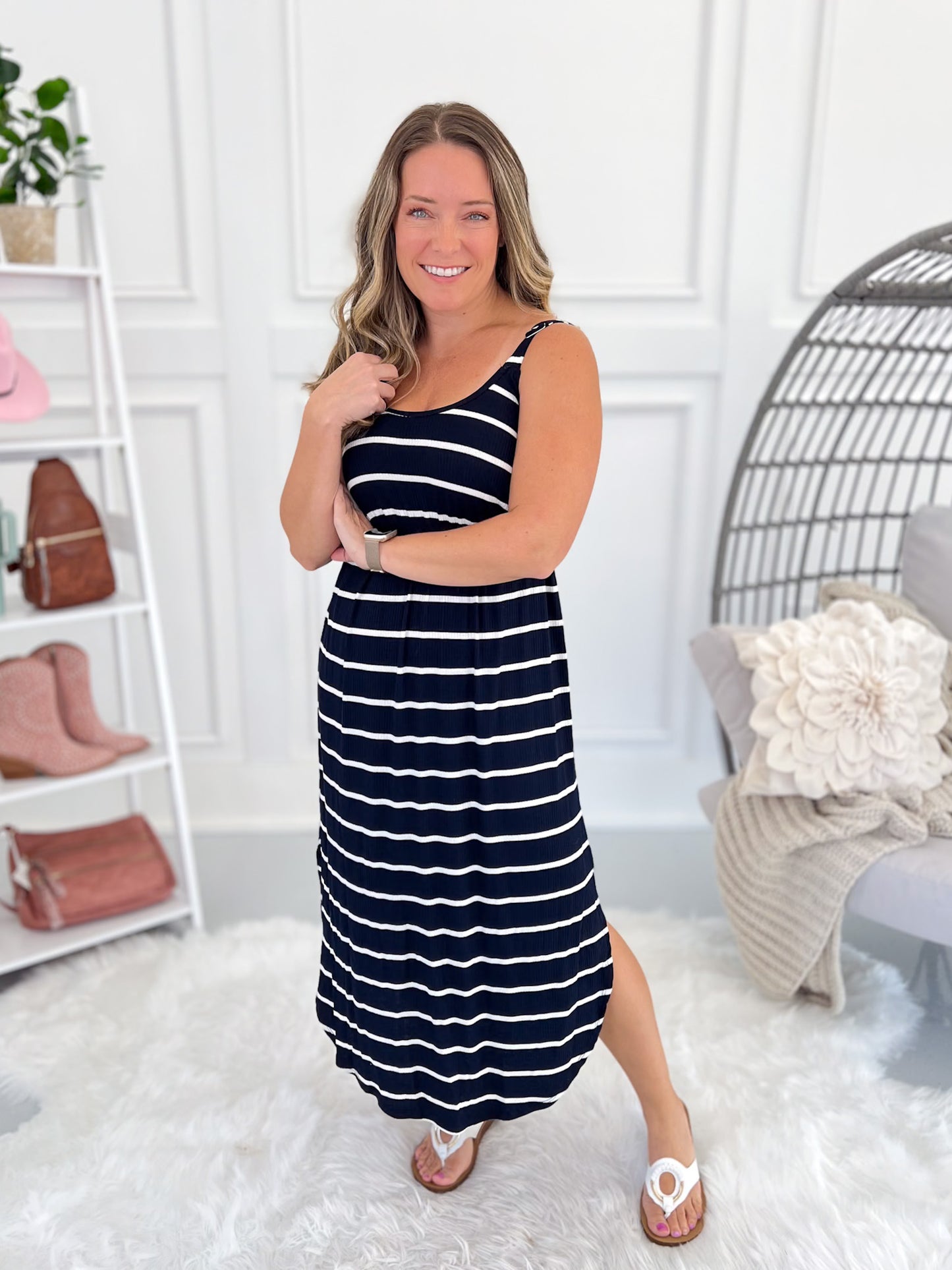 Reagan Ribbed Dress - Midnight Navy Stripes - Final Sale