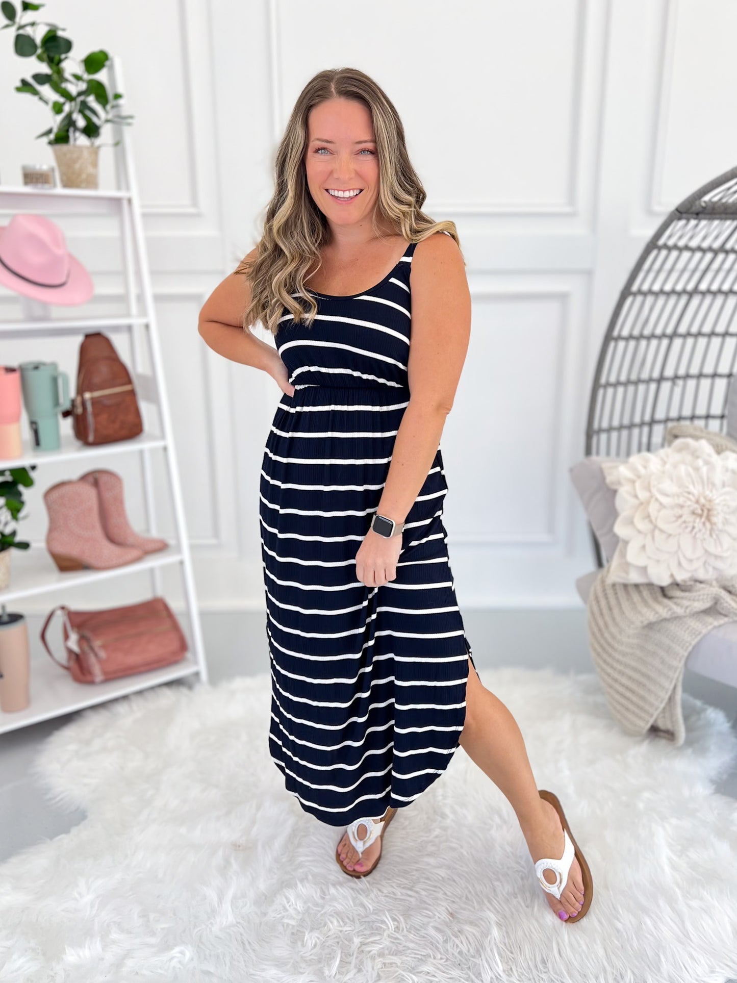 Reagan Ribbed Dress - Midnight Navy Stripes - Final Sale