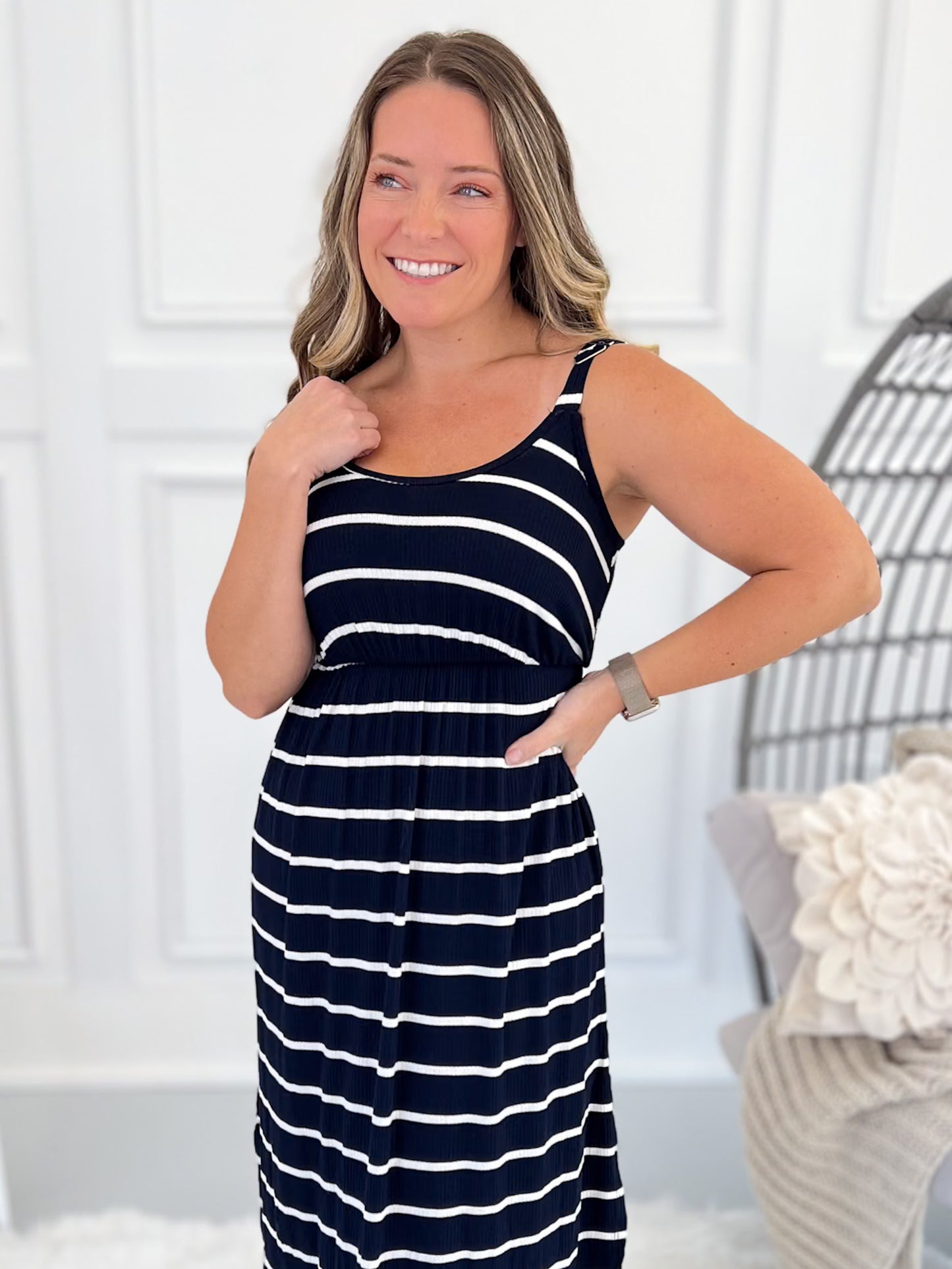 Reagan Ribbed Dress - Midnight Navy Stripes - Final Sale