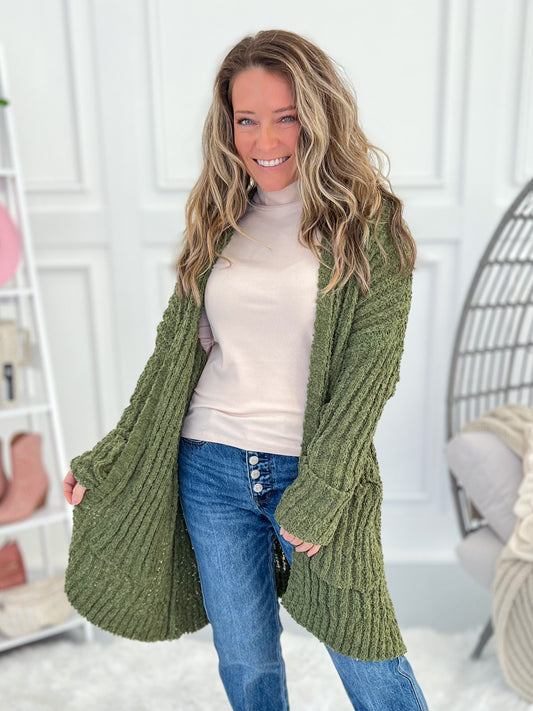 Stay With It Popcorn Crochet Cardigan - Olive