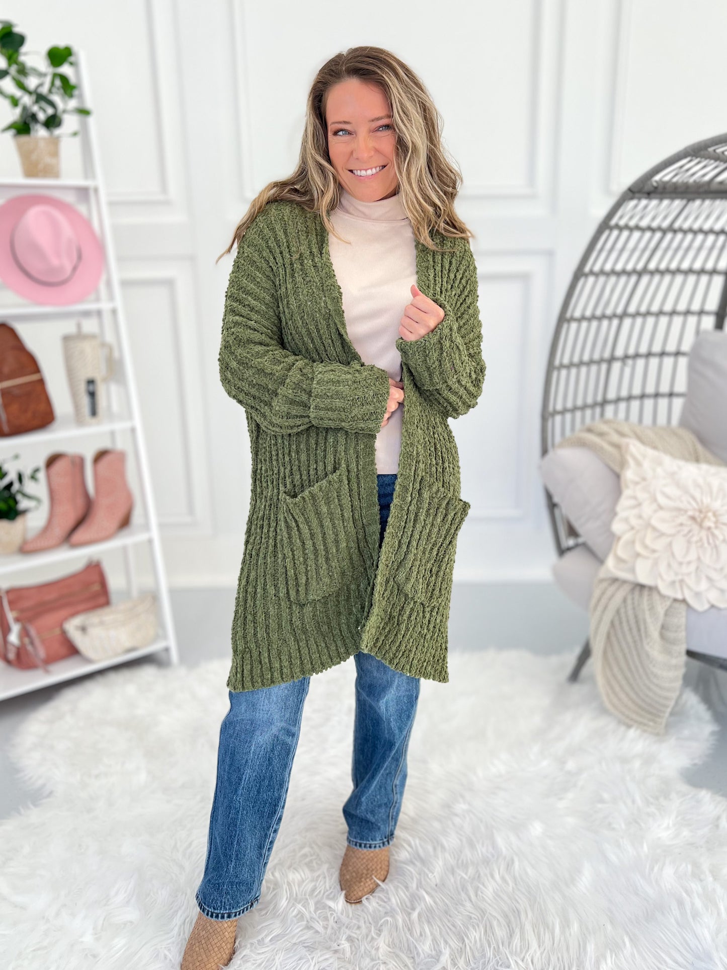 Stay With It Popcorn Crochet Cardigan - Olive