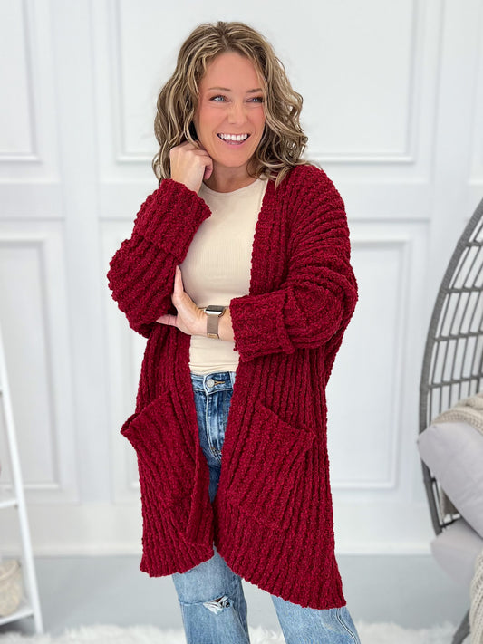 Stay With It Popcorn Crochet Cardigan - Burgundy