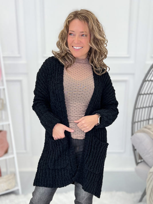 Stay With It Popcorn Crochet Cardigan - Black