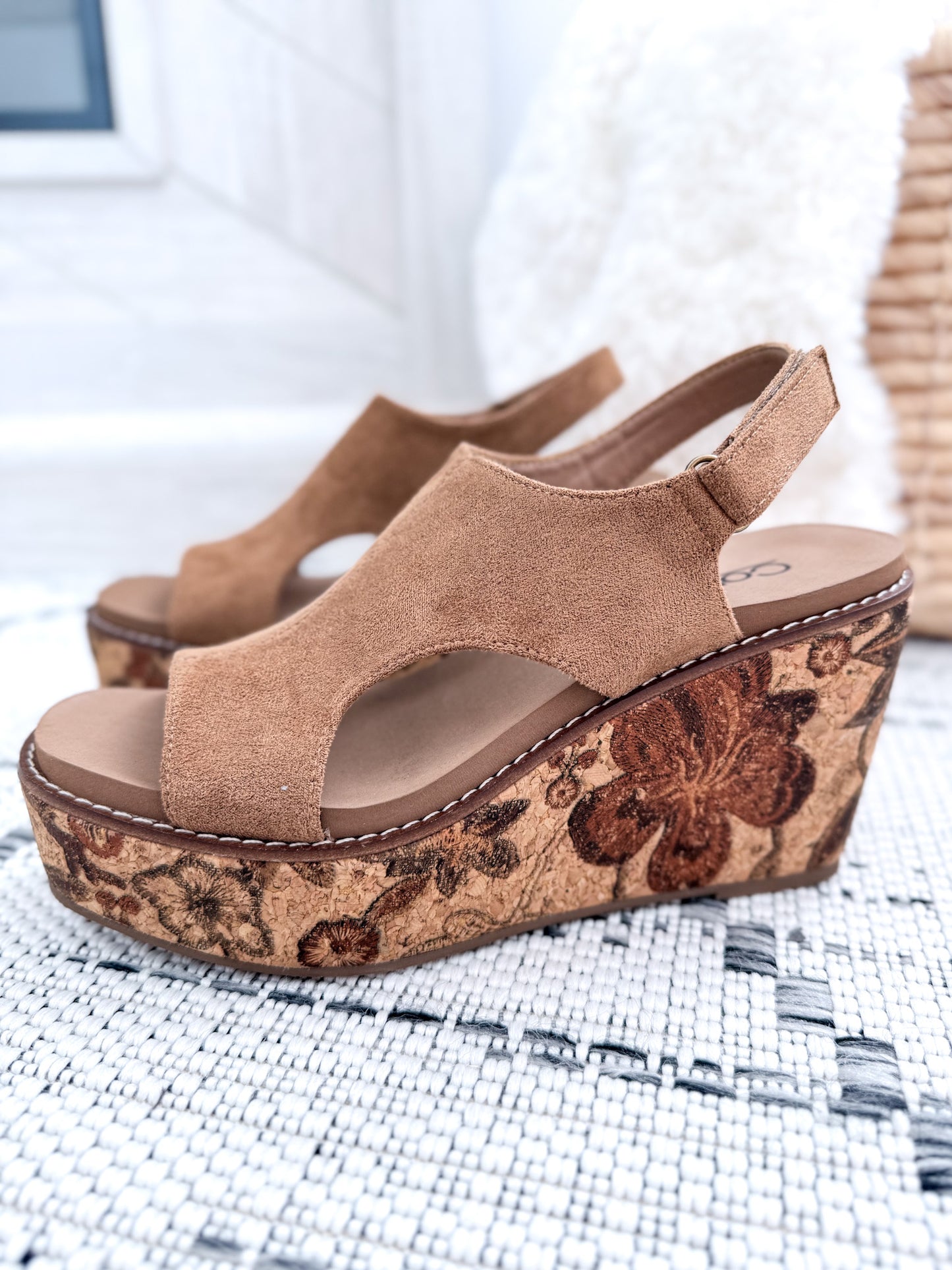 Corky's Freddie Floral Wedge - Taupe Faux Suede