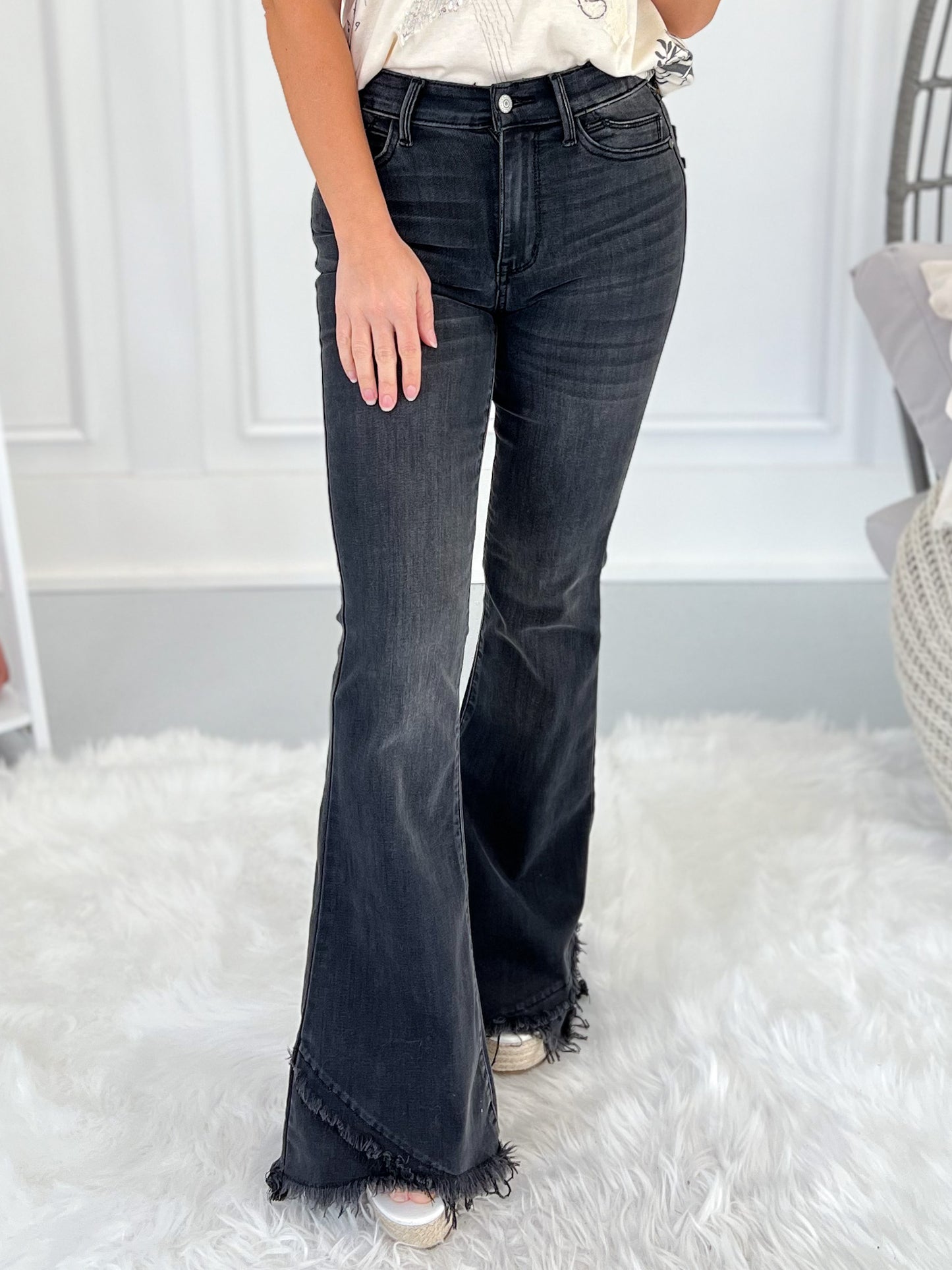 In The Shadow - Judy Blue Fray Tulip Hem Flare Jean