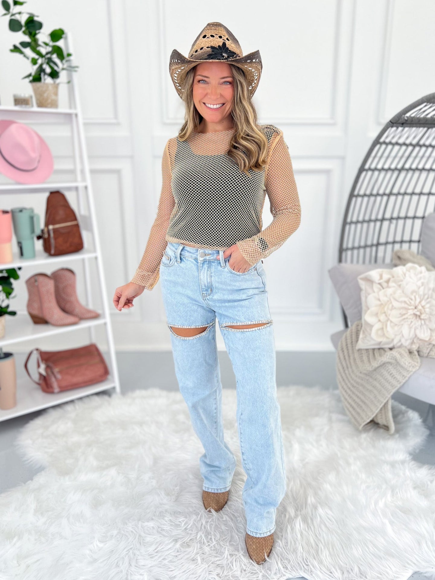 Shine On Me - Judy Blue Rigid Magic Rhinestone Slit Detail Straight Jeans