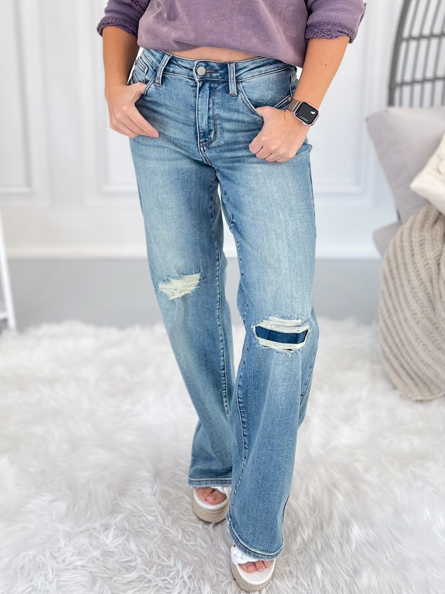Knee Deep - Judy Blue Patched Straight Leg Jean