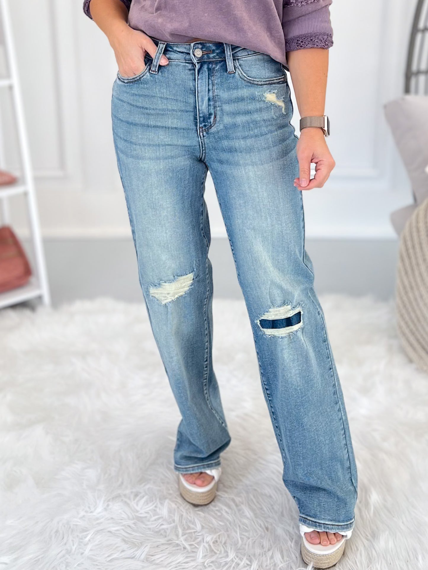 Knee Deep - Judy Blue Patched Straight Leg Jean