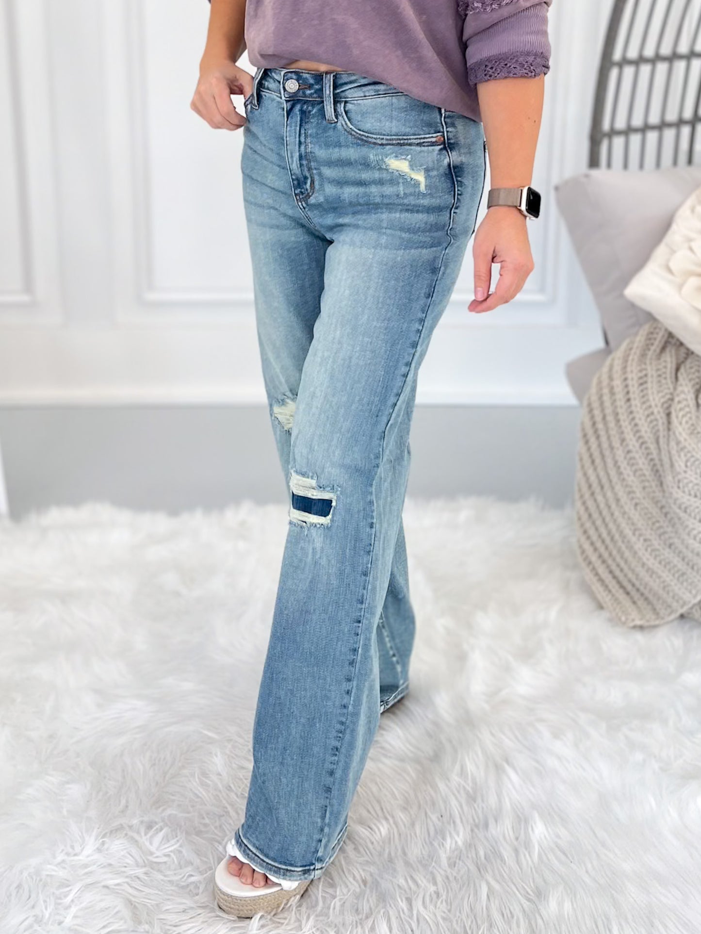 Knee Deep - Judy Blue Patched Straight Leg Jean