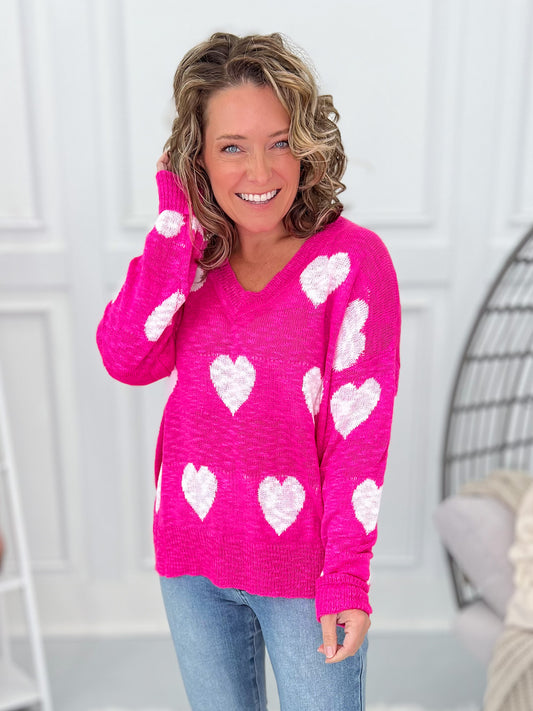 Lovely Hearts Knit Top - Hot Pink